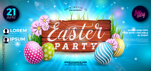 Easter Party Flyer Illustration with Painted Eggs and Typography Lettering on Nature Blue Background. Vector Spring Religious Holiday Celebration Poster Design Template for Banner or Invitation.