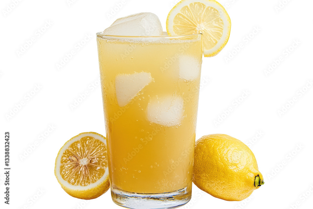 Refreshing lemonade in a glass with ice and lemon slices Refreshing lemonade in a glass with ice and lemon slices