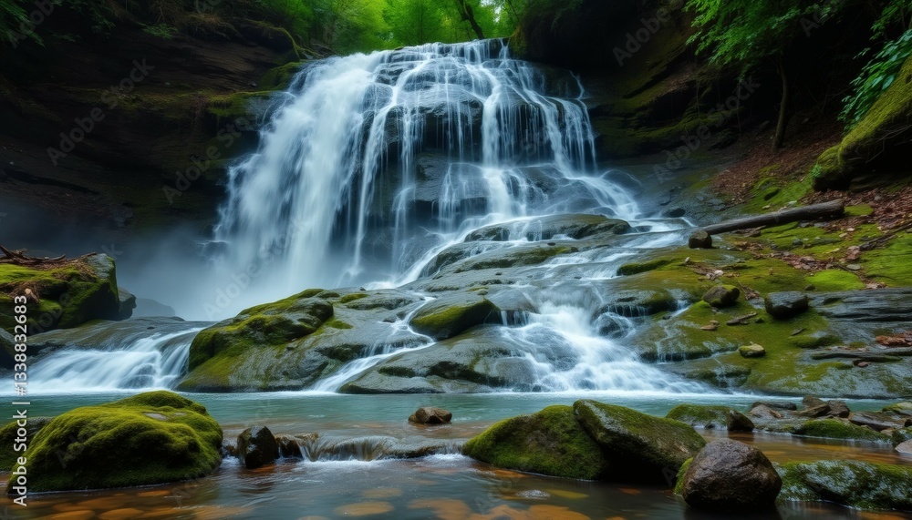 Fototapeta premium Majestic Waterfall Cascading Into Serene Pool Surrounded by Lush Greenery and Rocks
