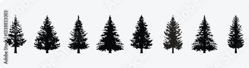 Black Silhouette Pine Tree Icons in Row on Light Background