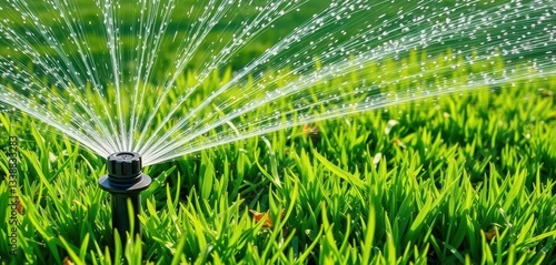 Automatic sprinkler system watering lush green lawn, farm, maintenance