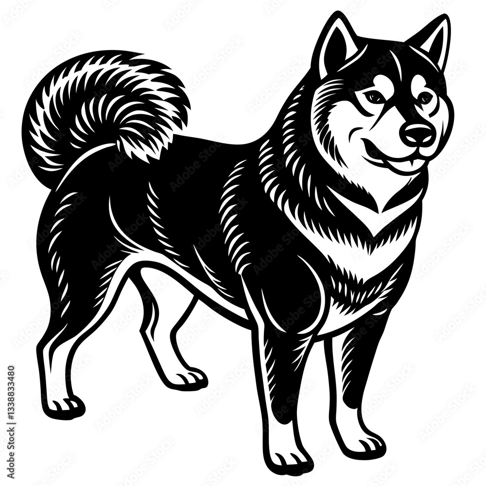 Fototapeta premium Elegant Shiba Inu: A striking monochrome illustration of a Shiba Inu dog, showcasing its distinctive features and poised stance, a celebration of the breed's refined essence.