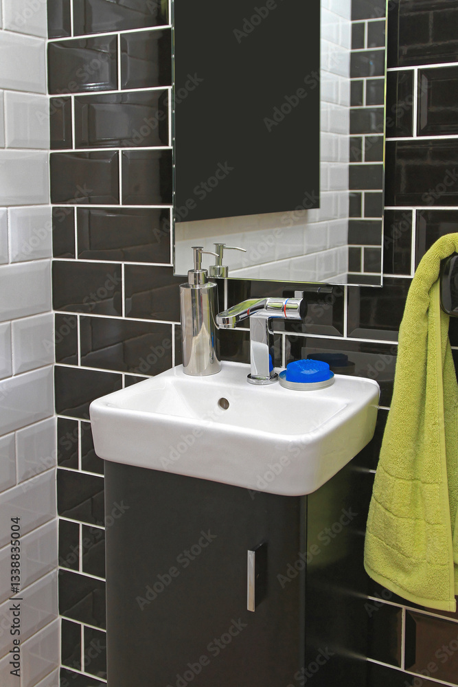 Small Sink at Black Wall Contemporary Bathroom in Tiny Home Interior