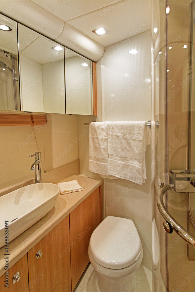 Wooden Furnished Bathroom Interior in Luxury Yacht Vessel