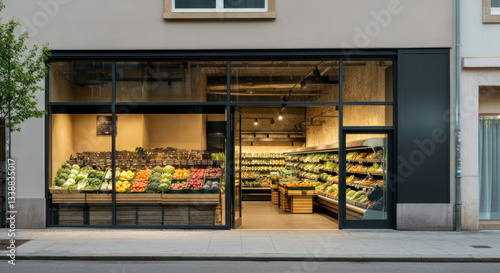Modern grocery storefront features vibrant fresh produce displayed against sleek glass architecture