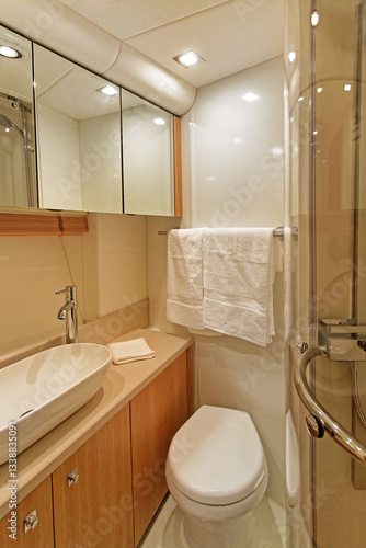 Obraz na płótnie Wooden Furnished Bathroom Interior in Luxury Yacht Vessel w salonie