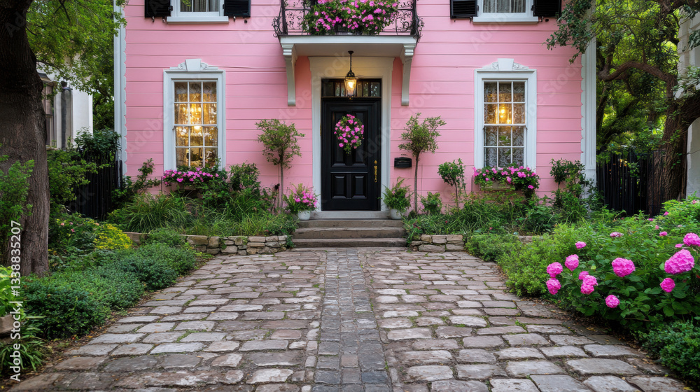 Fototapeta premium Charming Victorian Estate Surrounded by Lush Gardens Historic District Real Estate Photography Vibrant Environment Front View Home Aesthetics