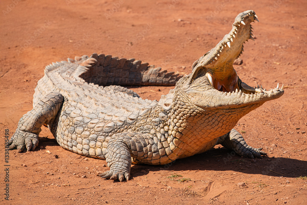 Obraz premium Crocodile in Croco Park in Agadir, Morocco. Wild animal. Dangerous reptile. Wildlife in Africa. Crocodylus niloticus. Tourist attractions
