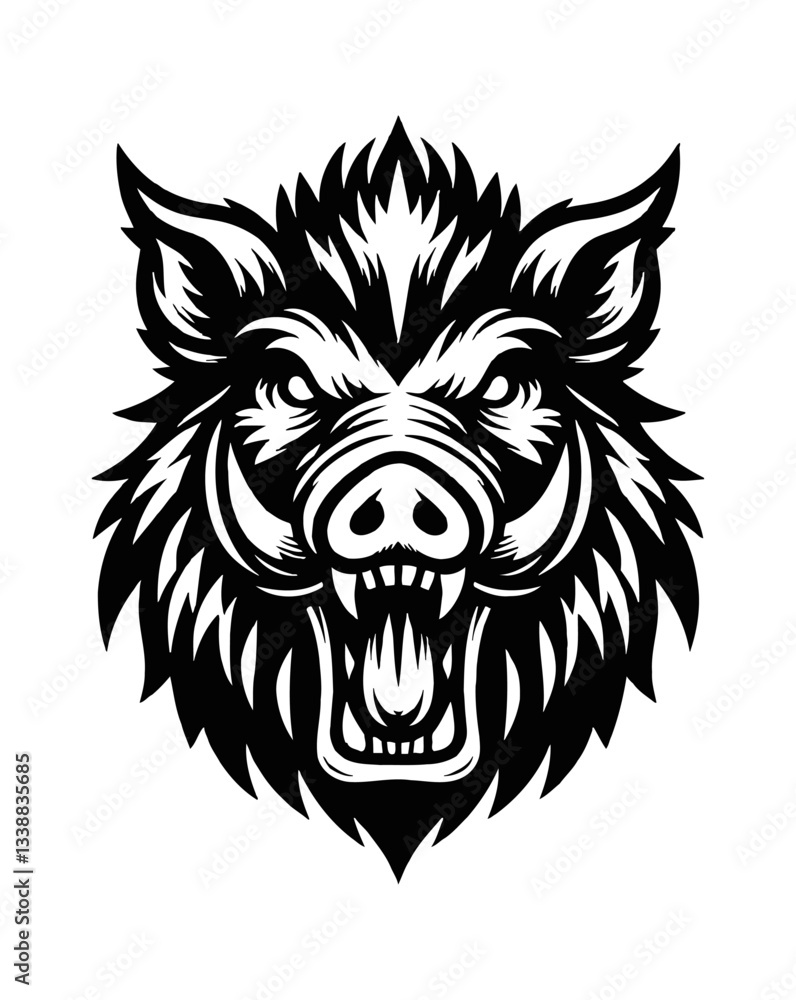 Fototapeta premium Front View of Boar Head Showing Tusk and Angry Expression in Detailed Black and White Vector