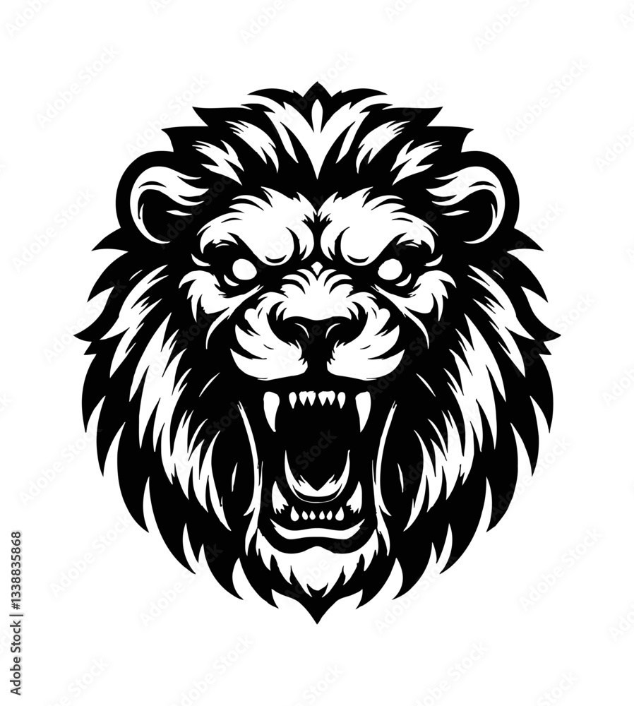 Lion Roar Face Front View Detailed Black and White Vector Illustration Lion Roar Face Front View Detailed Black and White Vector Illustration