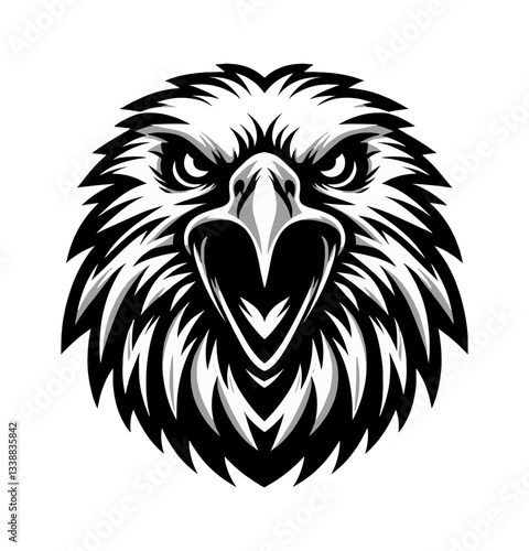 Eagle Head Front View Vector Illustration with Open Beak and Sharp Eyes in Black and White