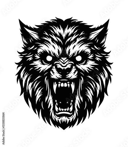 Isolated illustration of werewolf head roaring with sharp teeth and detailed fur in monochrome