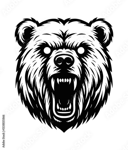 Head of bear roaring aggressively showing teeth in black and white vector illustration