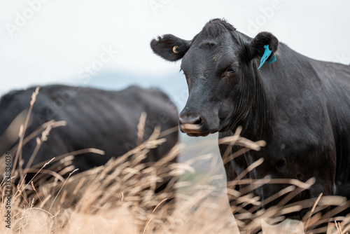 black wagyu beef cow on a farm. beautiful cattle in Australia  eating grass, grazing on pasture. Herd of cows free range beef being regenerative raised on an agricultural farm. Sustainable farming