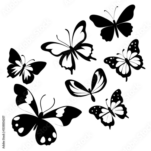 A collection of black and white butterfly silhouettes isolated on white background illustration vector design