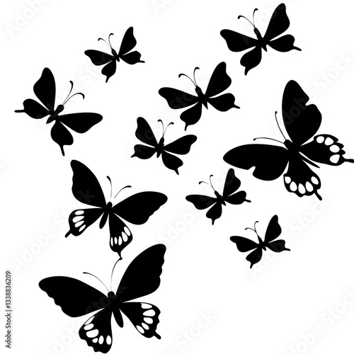 Several black butterfly silhouettes fluttering isolated on white background illustration vector design