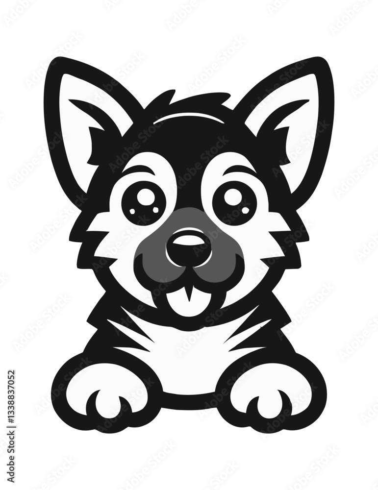 Fototapeta premium Cartoon Dog Leaning Forward with Paws Showing Tongue with Happy Expression in Black and White