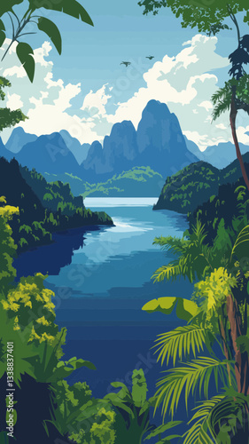 Art Deco Style Poster of Khao Sok National Park and Cheow Lan Lake, Thailand Landscape