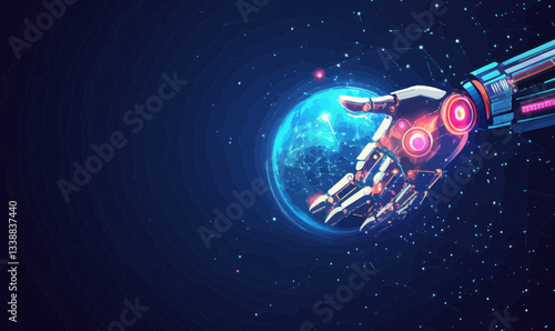 AI Robotic Hand Interacting with Digital Earth: Global Network and IoT Concept