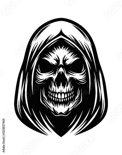Skull with hood in black and white vector illustration, grim reaper or ghost design