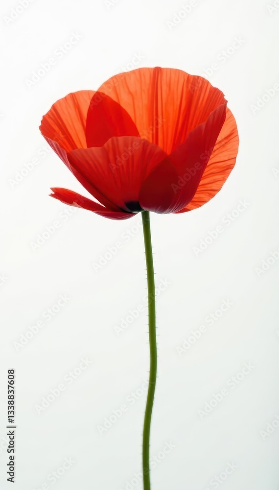 Fototapeta premium Single bold red poppy blossom, pristine white backdrop, isolated, bright, single