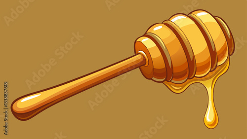 Honey drips from a wooden dipper, showcasing its smooth texture and golden color in natural light, Honey dripping from dipper white background