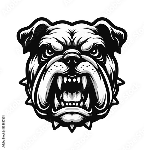 Illustration of a Bulldog with an aggressive expression, wearing spiked collar in Black and White