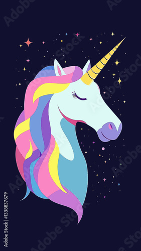 Enchanting Unicorn Vector Art with Colorful Mane and Magical Stars