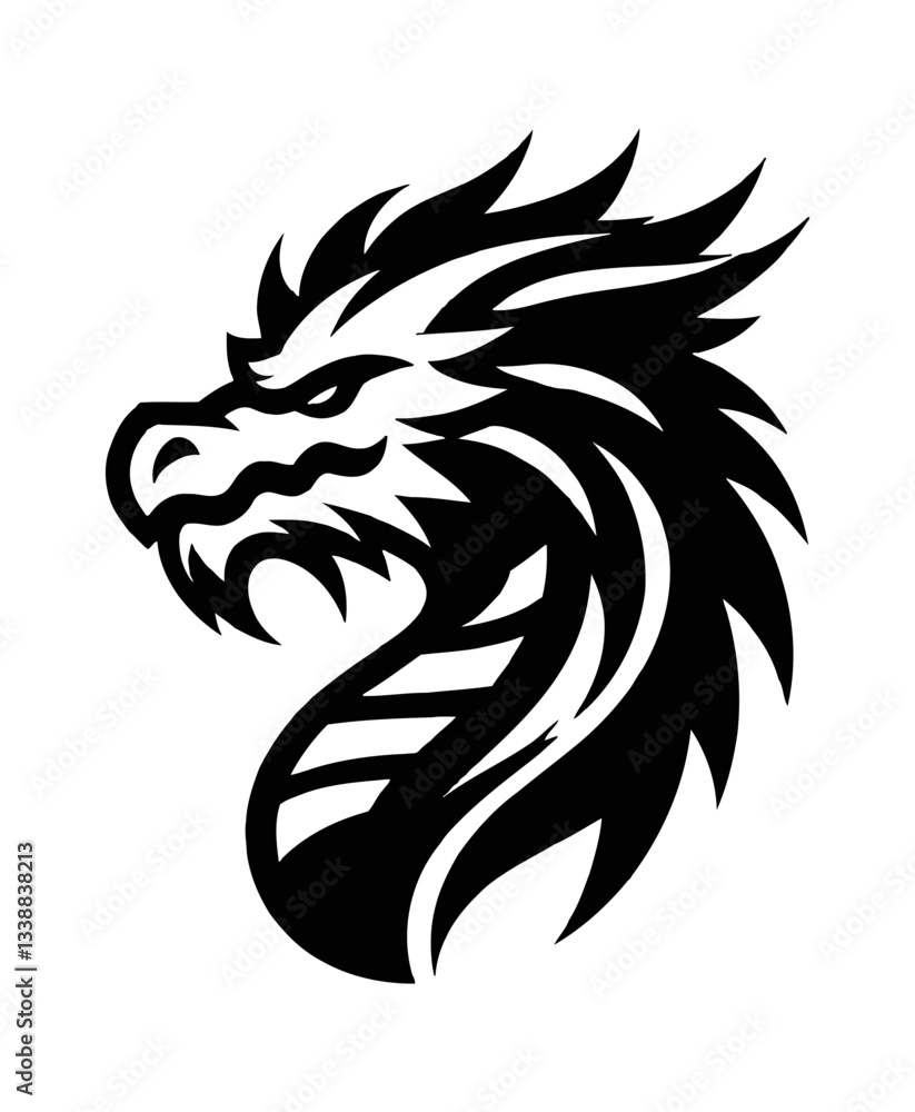 Fototapeta premium Dragon Head Profile with Horns, Scales, and Sharp Teeth in Black and White Vector Illustration