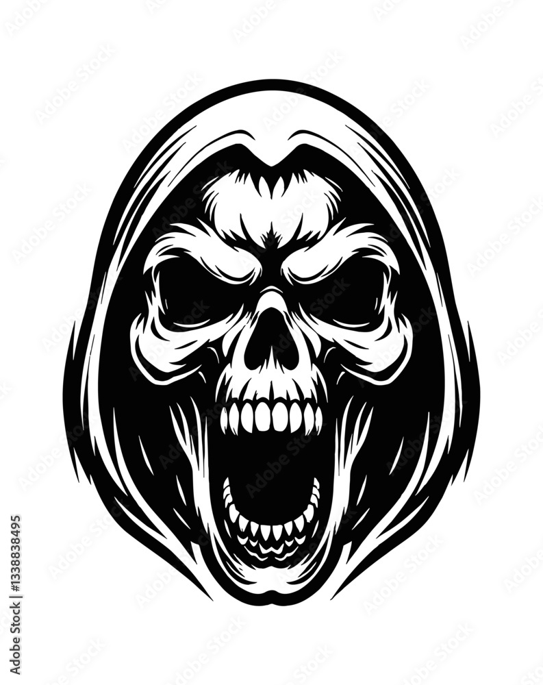 Fototapeta premium Grim Reaper Skull with Open Mouth Vector Art Illustration in Black and White Silhouette Style