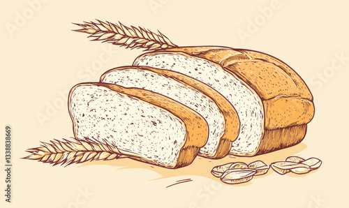 Rustic Wheat Bread Loaf with Ears and Seeds Engraving Style Vector Illustration
