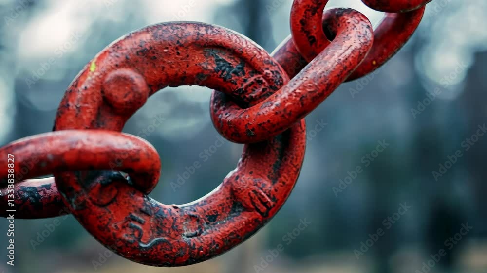 Close-up view of a red metal chain link against a blurred forest background showcasing texture and detail Close-up view of a red metal chain link against a blurred forest background showcasing texture and detail
