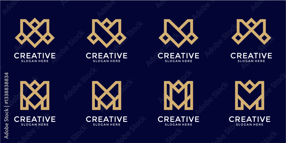Eight Golden Geometric M Logos on Dark Blue Eight Golden Geometric M Logos on Dark Blue