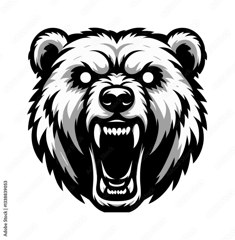 Angry Bear Head Roaring Aggressively with Sharp Teeth and Fur in Detailed Black and White Vector Angry Bear Head Roaring Aggressively with Sharp Teeth and Fur in Detailed Black and White Vector