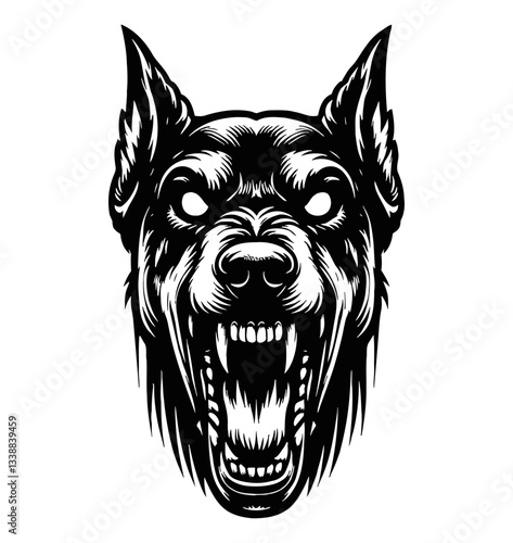 Detailed Monochrome Line Art of Doberman Dog Head with Sharp Teeth Ready to Attack Vector