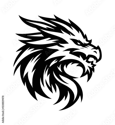 Dragon roaring with fierce expression, viewed from the side in detailed black and white vector drawing