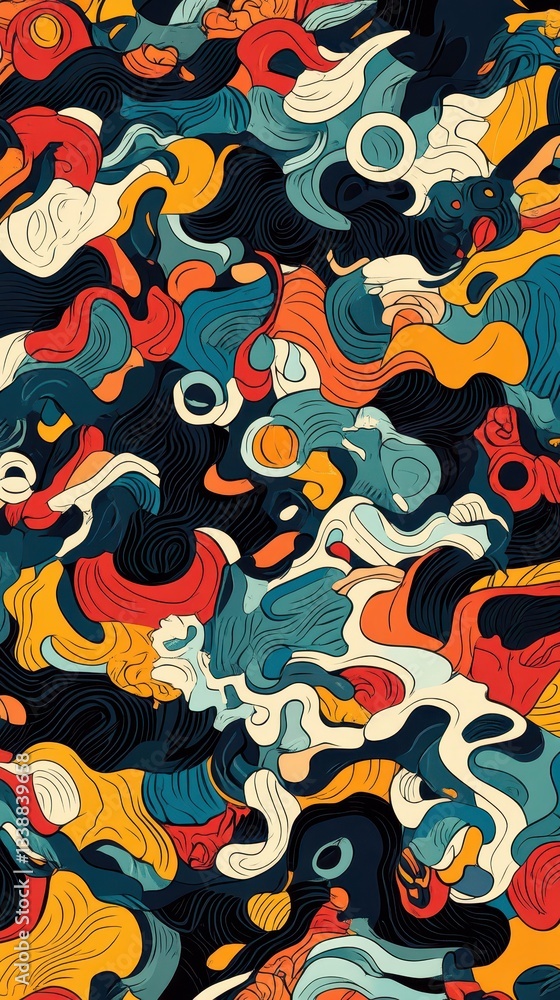 Funny, chaotic circle pattern with wild, curving and zigzag doodles