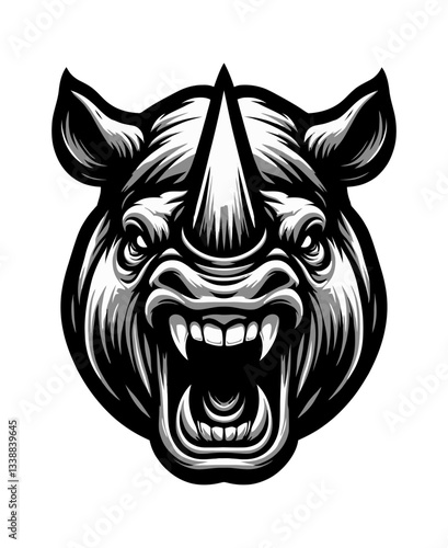 Rhino Head with Horn, Open Mouth Showing Teeth and Fangs in Detailed Black and White Vector