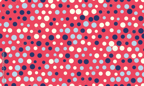 Vibrant abstract polka dot pattern.  Red background with scattered white, blue, and navy circles. Perfect for textile design, website backgrounds, or playful branding.