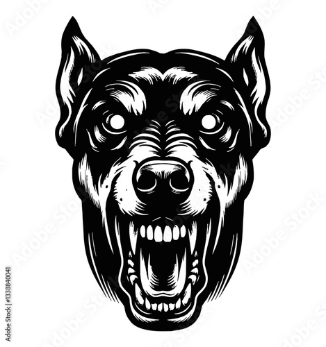Dog Showing Teeth with Open Mouth, Intense Look, Black and White Vector Illustration Style