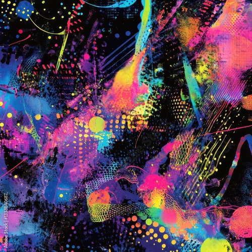 Bold, messy dotted elements with freeform energetic neon lines