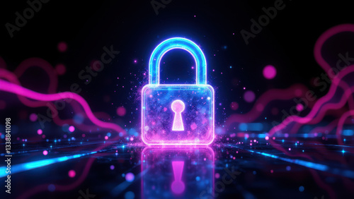 A stylized graphic with a digital lock in front of a networked background to represent cybersecurity concepts such as encryption or data protection.