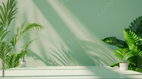 Green room empty copy space background with palm leaves and sunlight beams summer cozy warm mock up. green calm cozy minimalistic background