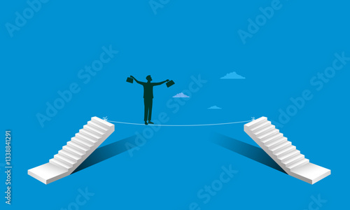 A successful businessman walks towards his goal along a wire rope. Overcome all obstacles and achieve your goal. Vector image