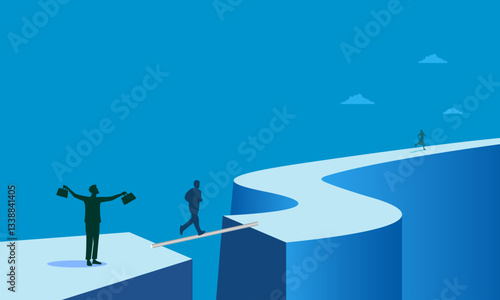 A successful businessman walks towards his goal along a wire rope. Overcome all obstacles and achieve your goal. Vector image