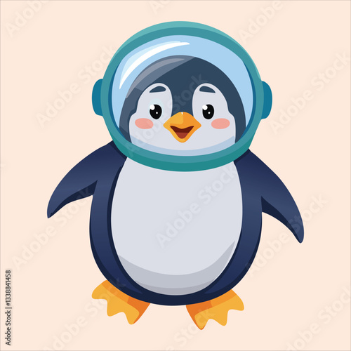 A chubby penguin in a space helmet floating in zero gravity, surrounded by stars