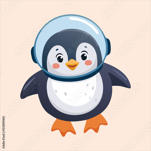 A chubby penguin in a space helmet floating in zero gravity, surrounded by stars