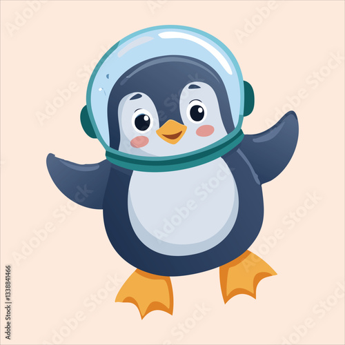 A chubby penguin in a space helmet floating in zero gravity, surrounded by stars
