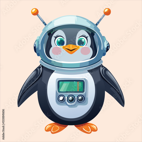 A chubby penguin in a space helmet floating in zero gravity, surrounded by stars