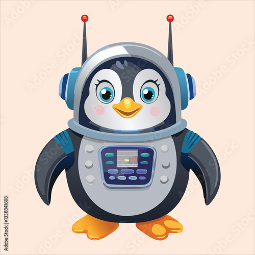 A chubby penguin in a space helmet floating in zero gravity, surrounded by stars